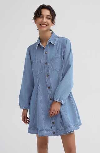 D-Sun Women's Long Sleeve Denim Dress Button Down Collar Casual A Line Swing Ruffle Jean Mini Dresses in Saudi Arabia