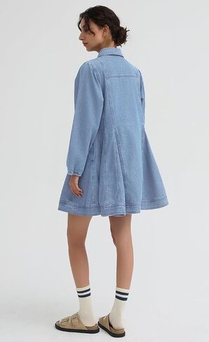 D-Sun Women's Long Sleeve Denim Dress Button Down Collar Casual A Line Swing Ruffle Jean Mini Dresses in Saudi Arabia