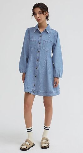 D-Sun Women's Long Sleeve Denim Dress Button Down Collar Casual A Line Swing Ruffle Jean Mini Dresses in Saudi Arabia