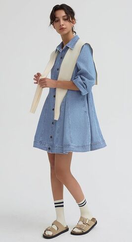 D-Sun Women's Long Sleeve Denim Dress Button Down Collar Casual A Line Swing Ruffle Jean Mini Dresses in Saudi Arabia