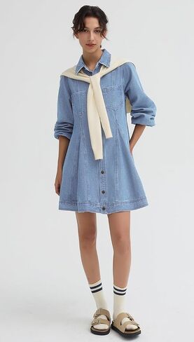 D-Sun Women's Long Sleeve Denim Dress Button Down Collar Casual A Line Swing Ruffle Jean Mini Dresses in Saudi Arabia