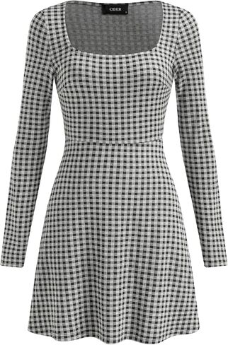 CIDER Gingham Long Sleeve Dress Square Neck A Line Mini Dress in Saudi Arabia
