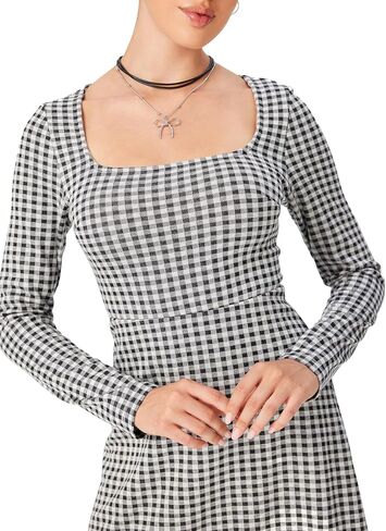 CIDER Gingham Long Sleeve Dress Square Neck A Line Mini Dress in Saudi Arabia