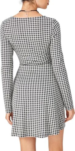 CIDER Gingham Long Sleeve Dress Square Neck A Line Mini Dress in Saudi Arabia