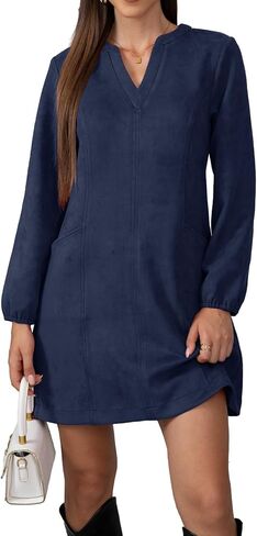 Jayscreate Women's A-line Suede Mini Dress Pocket Elegant 2025 Spring Fall Winter V Neck Long Sleeve Short Dress in Saudi Arabia
