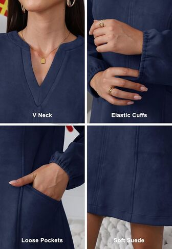 Jayscreate Women's A-line Suede Mini Dress Pocket Elegant 2025 Spring Fall Winter V Neck Long Sleeve Short Dress in Saudi Arabia