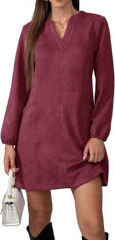 Jayscreate Women's A-line Suede Mini Dress Pocket Elegant 2025 Spring Fall Winter V Neck Long Sleeve Short Dress in Saudi Arabia