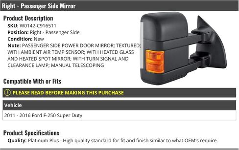 Right Passenger Side Power Mirror - Textured with Ambient Air Temperature Sensor, Heated Glass, Turn Signal & Clearance Lamp - Compatible with 2011-2016 Ford F-250 Super Duty in Saudi Arabia