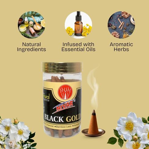 NIVAR Black Gold Herbal Dhoop Cones – Rich Traditional Aroma for Pooja & Home Use – Charcoal-Free, Bamboo-Free – 4 cm, 30 Cones in Plastic Jar in Saudi Arabia