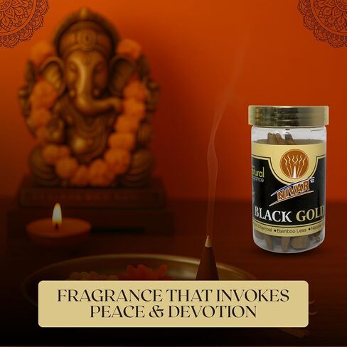 NIVAR Black Gold Herbal Dhoop Cones – Rich Traditional Aroma for Pooja & Home Use – Charcoal-Free, Bamboo-Free – 4 cm, 30 Cones in Plastic Jar in Saudi Arabia