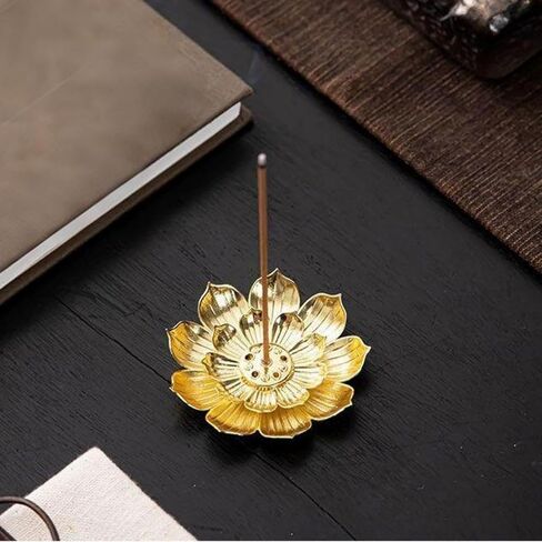 Incense Holder, Incense Burner for Sticks, Golden Metal Lotus - Shaped, Removable 2 - in - 1 with 2.11mm & 1.43mm Holes for Stick and Coil Incense, Easy Clean in Saudi Arabia