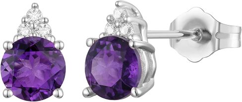 Diamonds and Genuine Gemstone Stud Earrings, 3 Natural Round Shaped Diamonds Set Above a Natural Gemstone, 14K Rose Gold/14K Gold/14K White Gold, 4.5mm Stone (0.03 cttw) in Kuwait