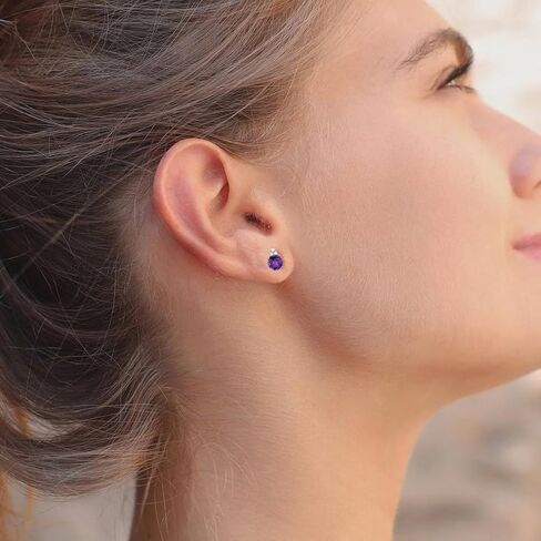 Diamonds and Genuine Gemstone Stud Earrings, 3 Natural Round Shaped Diamonds Set Above a Natural Gemstone, 14K Rose Gold/14K Gold/14K White Gold, 4.5mm Stone (0.03 cttw) in Kuwait