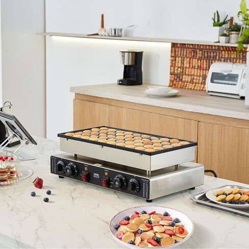 VEVOR 110V Mini Dutch Pancake Baker, 50PCS 1700W Commercial Electric Nonstick Waffle Maker Machine, 1.8 Inches Pancake Maker with 2 Thermostats & 2 Timers Separate Control, for Home and Restaurants in Saudi Arabia