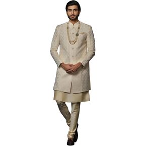 KISAH Men's White Jacquard Indowestern Sherwani & Pajama Set – Regular Fit, Mandarin Collar |Indian Ethnic Wedding & Festive Wear in Kuwait