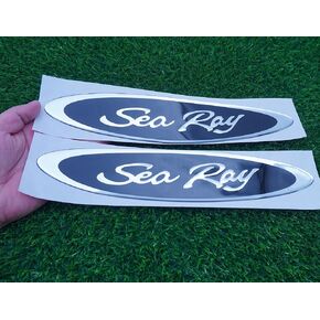 Pair Set 13" Sea Ray Searay Oval Searay Hull Side Logo Emblem Nameplate Sticker 13x 2-3/4 (Silver Black) in Saudi Arabia