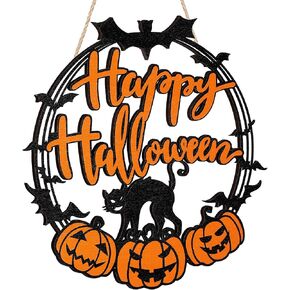 Bucherry Halloween Door Decorations Wooden Black Cat Pumpkin Hanging Sign Happy Halloween Wreaths for Front Door Wall Plaque for Party Outdoor Indoor Supply in Kuwait