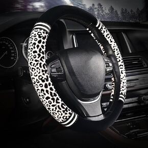 Leopard Short Plush Car Steering Wheel Cover for Women,14.5-15 Inch Universal Soft Anti-Slip Auto Steering Wheel Protector Fit for Cars, Auto, SUV, Trucks (White Black-C) in Kuwait