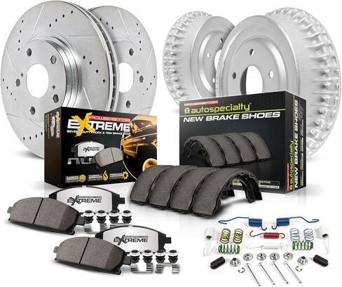 طقم فرامل أمامية وخلفية Power Stop لسيارة جيب رانجلر 2001 2002 2003 2004 2005 2006 - وسادات فرامل سيراميك من ألياف الكربون للشاحنة والسحب والطبول والدوارات المحفورة والمشقوقة، K15215DK-36 in Saudi Arabia