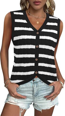 Womens Cable Knit Sweater Vest Trendy Striped Crochet Tank Top V Neck Sleeveless Button Down Shirts Khaki&Black XL in Kuwait
