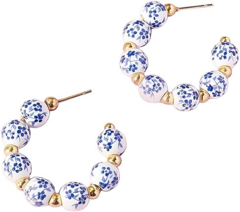 Porcelain Hoop Earrings, Blue and White Floral Pattern, Gold Accent Beads in Saudi Arabia