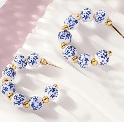 Porcelain Hoop Earrings, Blue and White Floral Pattern, Gold Accent Beads in Saudi Arabia