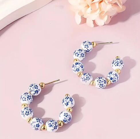 Porcelain Hoop Earrings, Blue and White Floral Pattern, Gold Accent Beads in Saudi Arabia