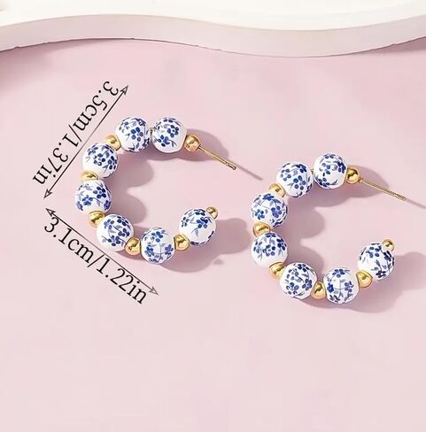 Porcelain Hoop Earrings, Blue and White Floral Pattern, Gold Accent Beads in Saudi Arabia