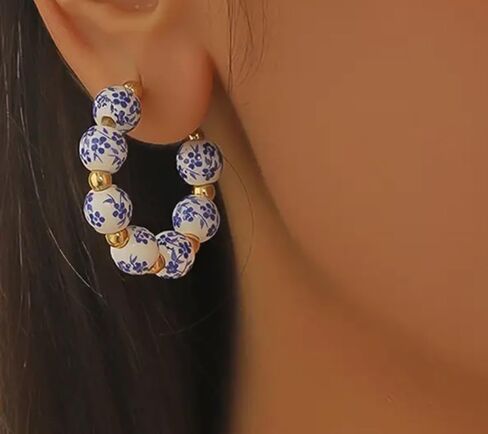 Porcelain Hoop Earrings, Blue and White Floral Pattern, Gold Accent Beads in Saudi Arabia
