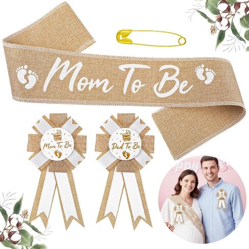3 Pcs Mom to Be Sash Baby Shower Dad to Be Pin Neutral Burlap Stylish Shower Sash Dad being Pin Elegant Boho Style Mommy Sashes Corsage Pins Flower Crown for Keepsake Party Decorations Supplies in Saudi Arabia