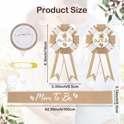 3 Pcs Mom to Be Sash Baby Shower Dad to Be Pin Neutral Burlap Stylish Shower Sash Dad being Pin Elegant Boho Style Mommy Sashes Corsage Pins Flower Crown for Keepsake Party Decorations Supplies in Saudi Arabia