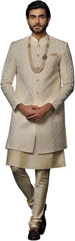 KISAH Men's White Jacquard Indowestern Sherwani & Pajama Set – Regular Fit, Mandarin Collar |Indian Ethnic Wedding & Festive Wear in Kuwait