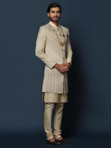 KISAH Men's White Jacquard Indowestern Sherwani & Pajama Set – Regular Fit, Mandarin Collar |Indian Ethnic Wedding & Festive Wear in Kuwait