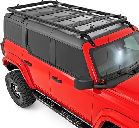 رف سقف كامل من Rough Country لسيارة Ford Bronco ذات 4 أبواب (2021-2025) - حامل بضائع من الألومنيوم مع قضبان متقاطعة على شكل حرف T، حمولة 600 رطل، تخزين على السطح البري in Saudi Arabia