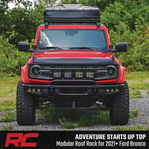 رف سقف كامل من Rough Country لسيارة Ford Bronco ذات 4 أبواب (2021-2025) - حامل بضائع من الألومنيوم مع قضبان متقاطعة على شكل حرف T، حمولة 600 رطل، تخزين على السطح البري in Saudi Arabia