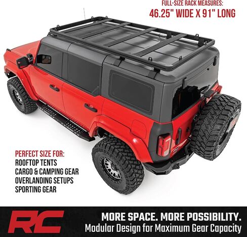 رف سقف كامل من Rough Country لسيارة Ford Bronco ذات 4 أبواب (2021-2025) - حامل بضائع من الألومنيوم مع قضبان متقاطعة على شكل حرف T، حمولة 600 رطل، تخزين على السطح البري in Saudi Arabia