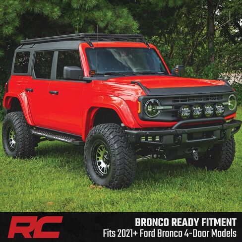 رف سقف كامل من Rough Country لسيارة Ford Bronco ذات 4 أبواب (2021-2025) - حامل بضائع من الألومنيوم مع قضبان متقاطعة على شكل حرف T، حمولة 600 رطل، تخزين على السطح البري in Saudi Arabia