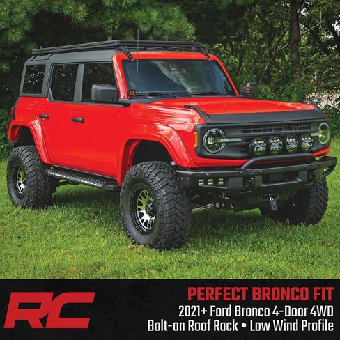 رف سقف كامل من Rough Country لسيارة Ford Bronco ذات 4 أبواب (2021-2025) - حامل بضائع من الألومنيوم مع قضبان متقاطعة على شكل حرف T، حمولة 600 رطل، تخزين على السطح البري in Saudi Arabia
