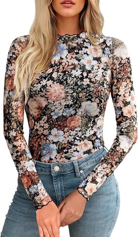 Women's Lace Mesh Top Long Sleeve Mock Neck Undershirt Sheer Blouse See Through Undershirt Party Layering Tops in Saudi Arabia