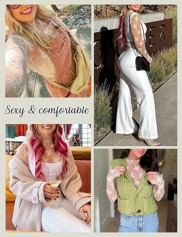 Women's Lace Mesh Top Long Sleeve Mock Neck Undershirt Sheer Blouse See Through Undershirt Party Layering Tops in Saudi Arabia