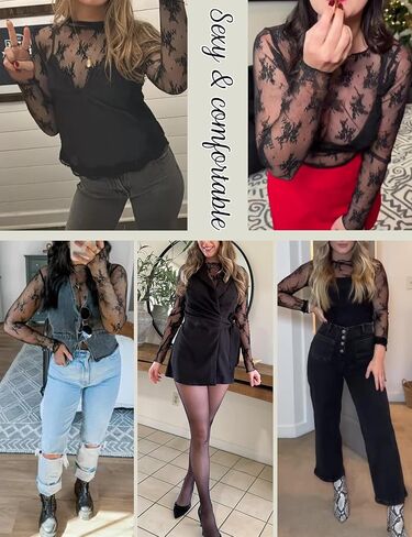 Women's Lace Mesh Top Long Sleeve Mock Neck Undershirt Sheer Blouse See Through Undershirt Party Layering Tops in Saudi Arabia