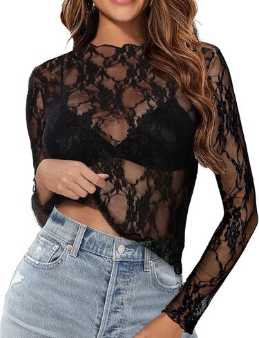 Women's Lace Mesh Top Long Sleeve Mock Neck Undershirt Sheer Blouse See Through Undershirt Party Layering Tops in Saudi Arabia