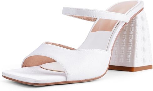 Women Chunky Heel Sandals Pearl Squared Toe Slip On Block Mid Heels Sandals For Wedding Dress Bride- in Kuwait