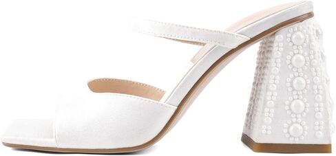 Women Chunky Heel Sandals Pearl Squared Toe Slip On Block Mid Heels Sandals For Wedding Dress Bride- in Kuwait