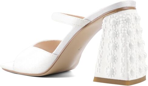 Women Chunky Heel Sandals Pearl Squared Toe Slip On Block Mid Heels Sandals For Wedding Dress Bride- in Kuwait