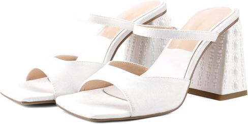 Women Chunky Heel Sandals Pearl Squared Toe Slip On Block Mid Heels Sandals For Wedding Dress Bride- in Kuwait