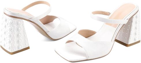 Women Chunky Heel Sandals Pearl Squared Toe Slip On Block Mid Heels Sandals For Wedding Dress Bride- in Kuwait