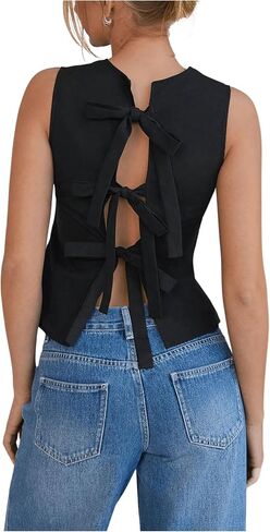 Floerns Women's Cute Crew Neck Sleeveless Tank Top Bow Tie Back Blouse Tops in Saudi Arabia