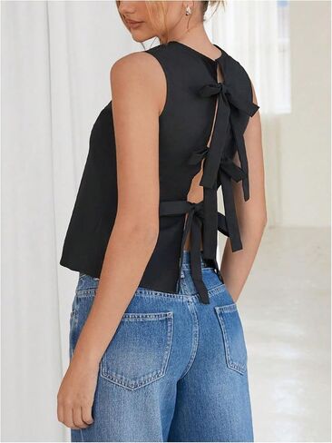 Floerns Women's Cute Crew Neck Sleeveless Tank Top Bow Tie Back Blouse Tops in Saudi Arabia