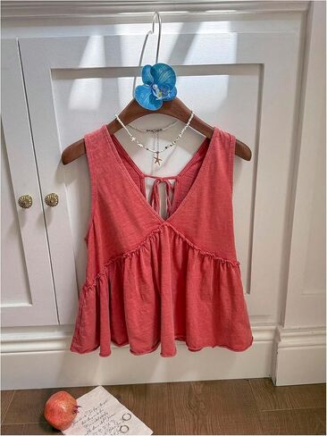المرأة العميق الخامس الرقبة Peplum تانك القمم القوس التعادل عارية الذراعين كشكش Babydoll Flowy عطلة الأعلى in Saudi Arabia